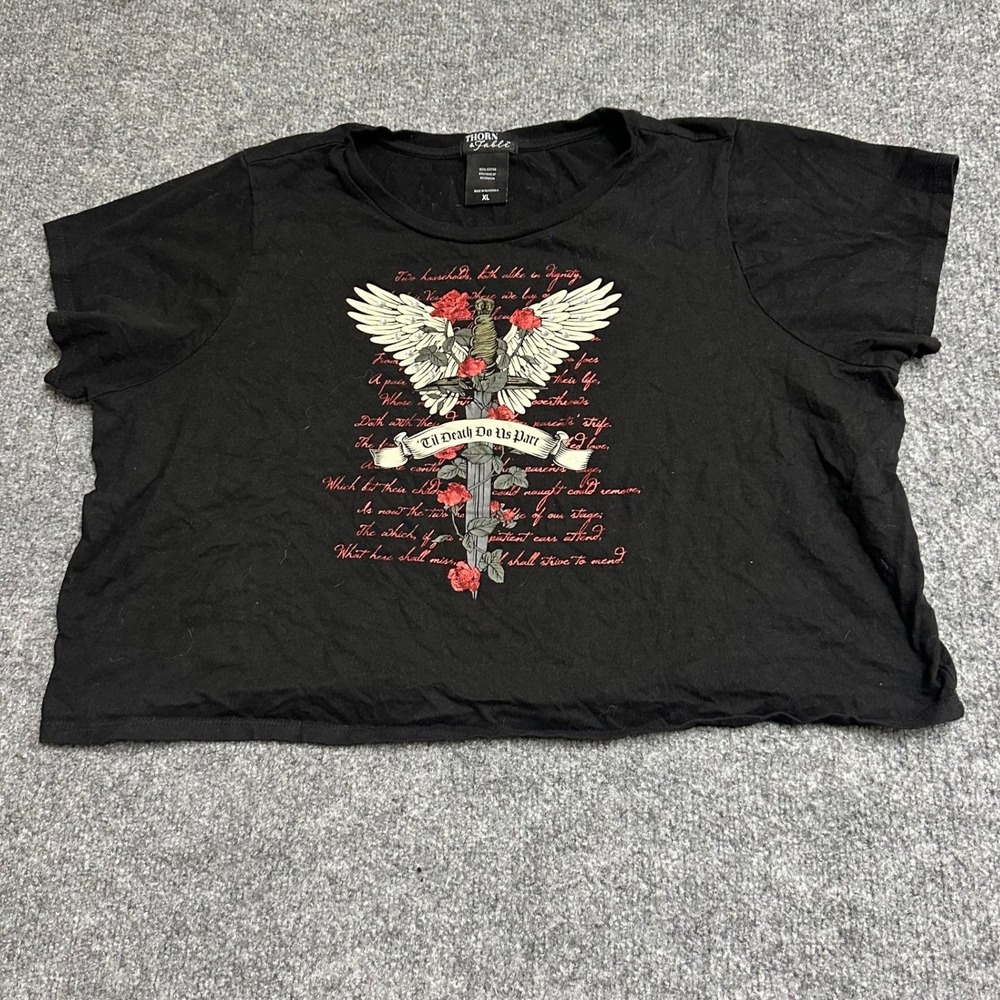 Thorn & Fable Crop Top Womens Size XL Black Graphic Dagger Rose Shakespeare Tee